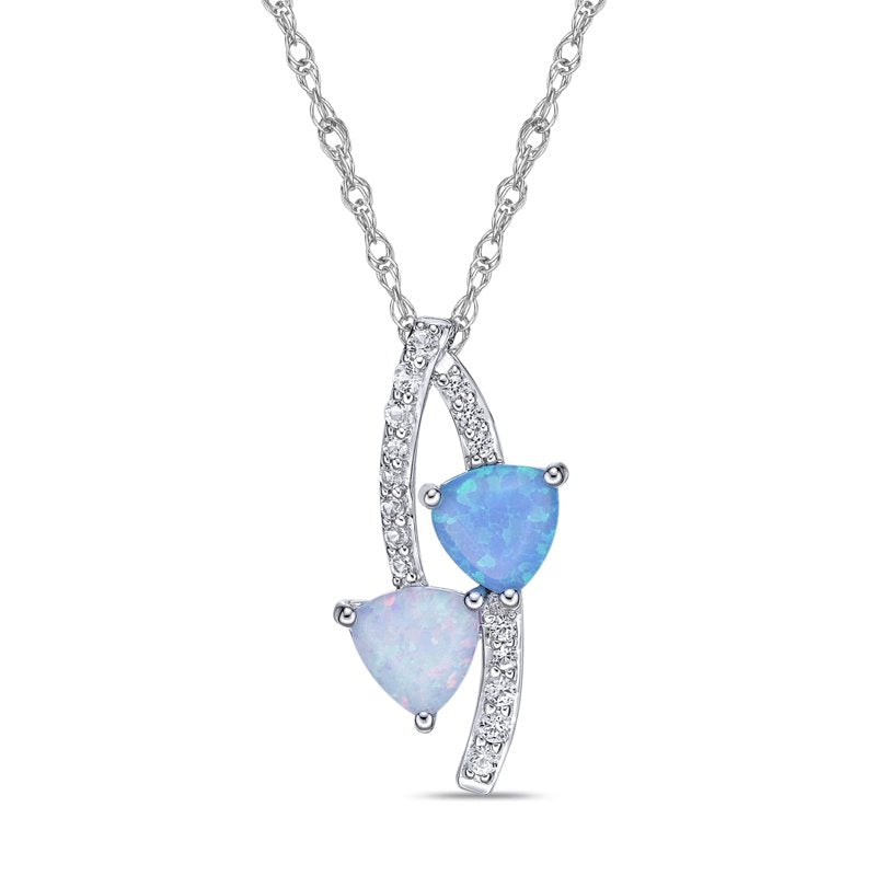 Sterling Silver Double Bypass Heart Pendant with Blue & White Opal and Sapphire Accents - 18" Chain