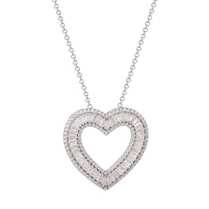 Sterling Silver Heart Pendant Necklace with Simulated Diamonds - 18 Inch Chain