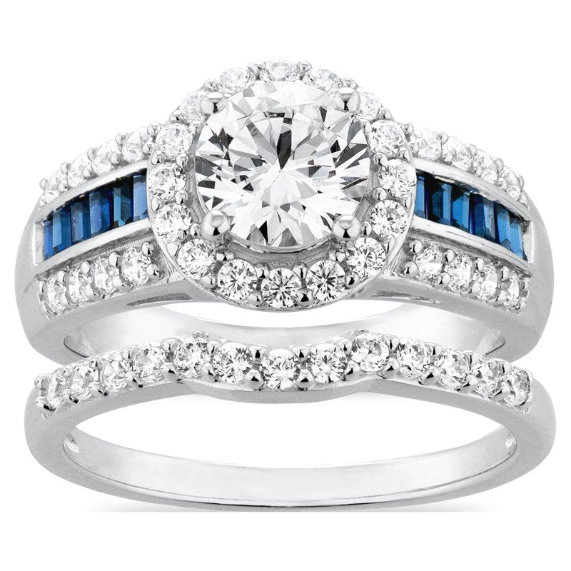 Sterling Silver Engagement Ring with White Diamonds and Created Sapphire - Bridal Jewelry