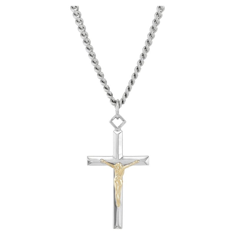 Sterling Silver and 18K Gold Plated Crucifix Necklace with 24-Inch Chain