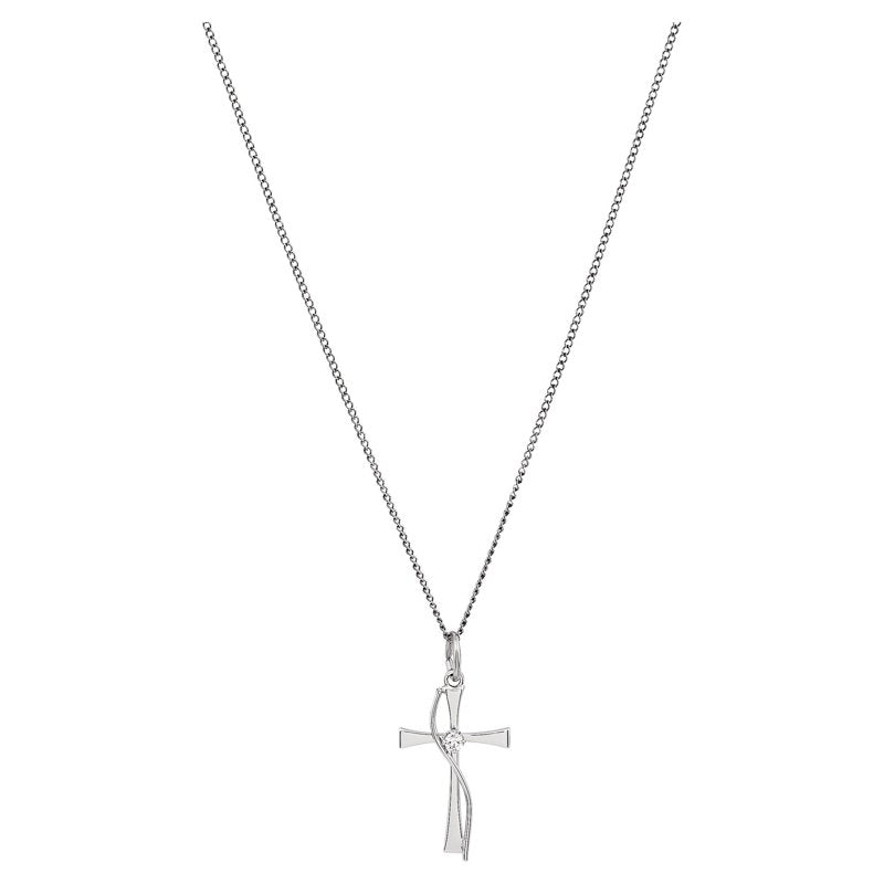 Sterling Silver Cross Necklace with Cubic Zirconia - 18 Inch Pendant