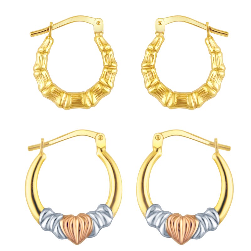 14K Gold Plated Sterling Silver Hoop Earrings with Bamboo & Heart Design - Adults Jewelry