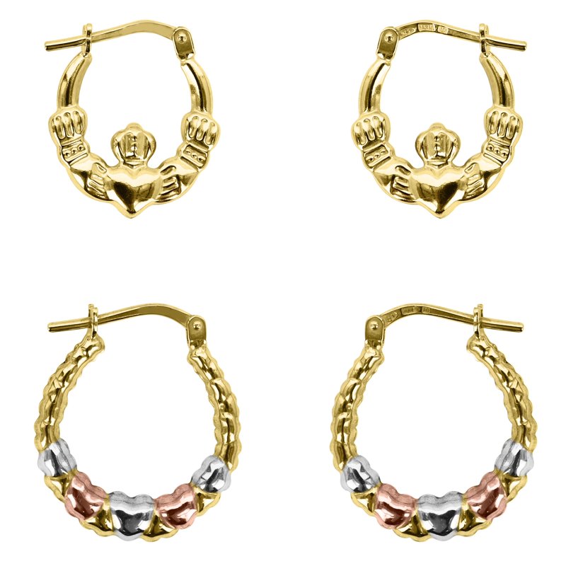 Sterling Silver 14K Gold Plated Claddagh & Heart Hoop Earrings - Hypoallergenic