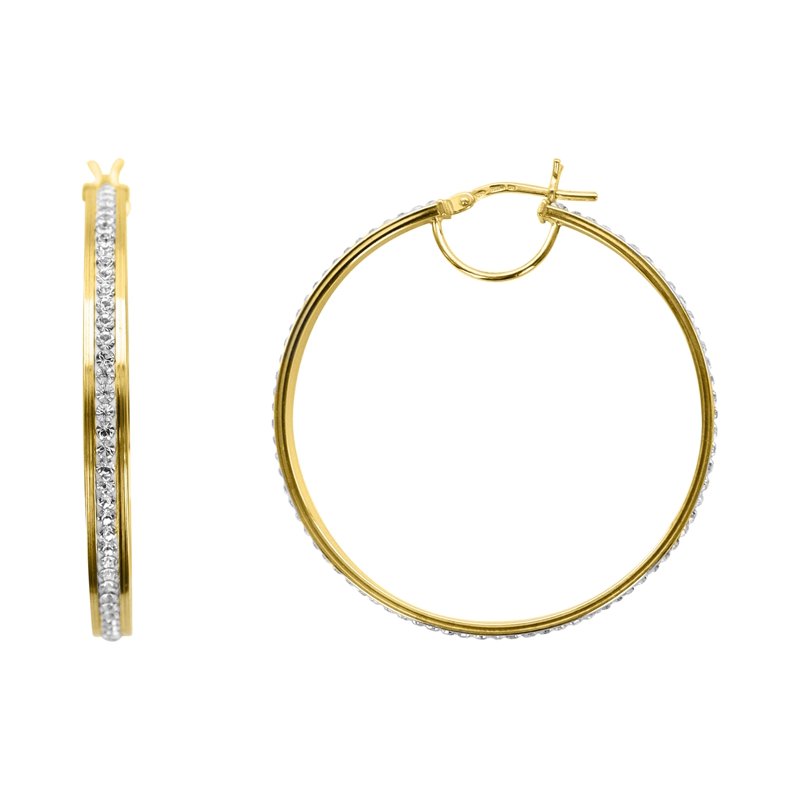 14K Gold Plated Sterling Silver Hoop Earrings with Crystals - Large Classic Round Design for Adults