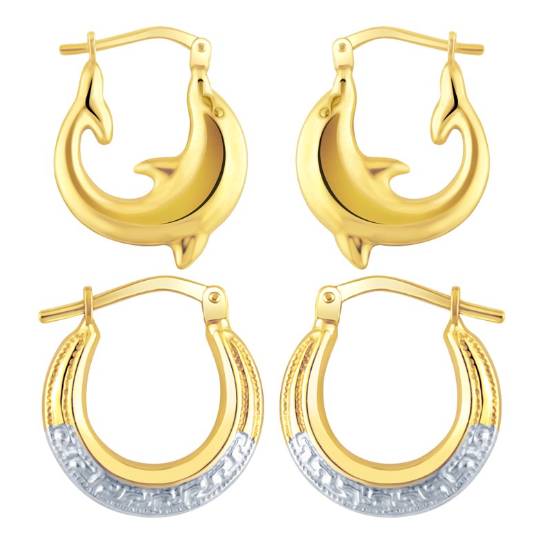 Sterling Silver Gold-Plated Dolphin & Greek Key Hoop Earrings - Hypoallergenic, 14mm & 16mm