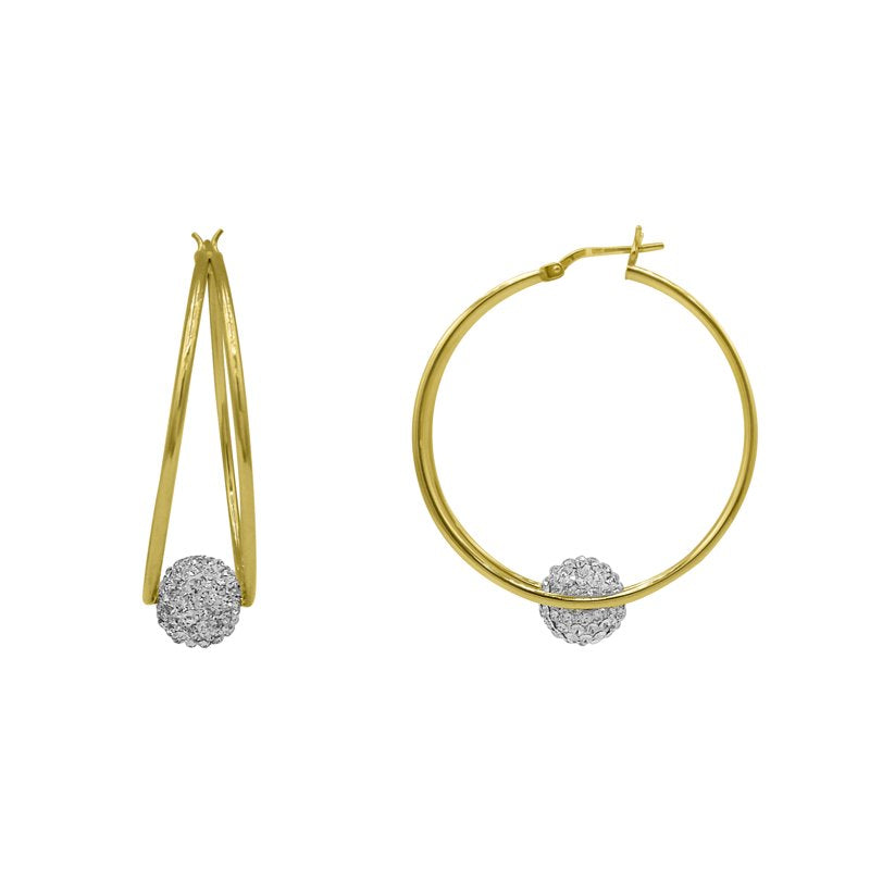 14K Gold Plated Sterling Silver Double Hoop Earrings with Crystal Balls - Hypoallergenic Adult Jewelry