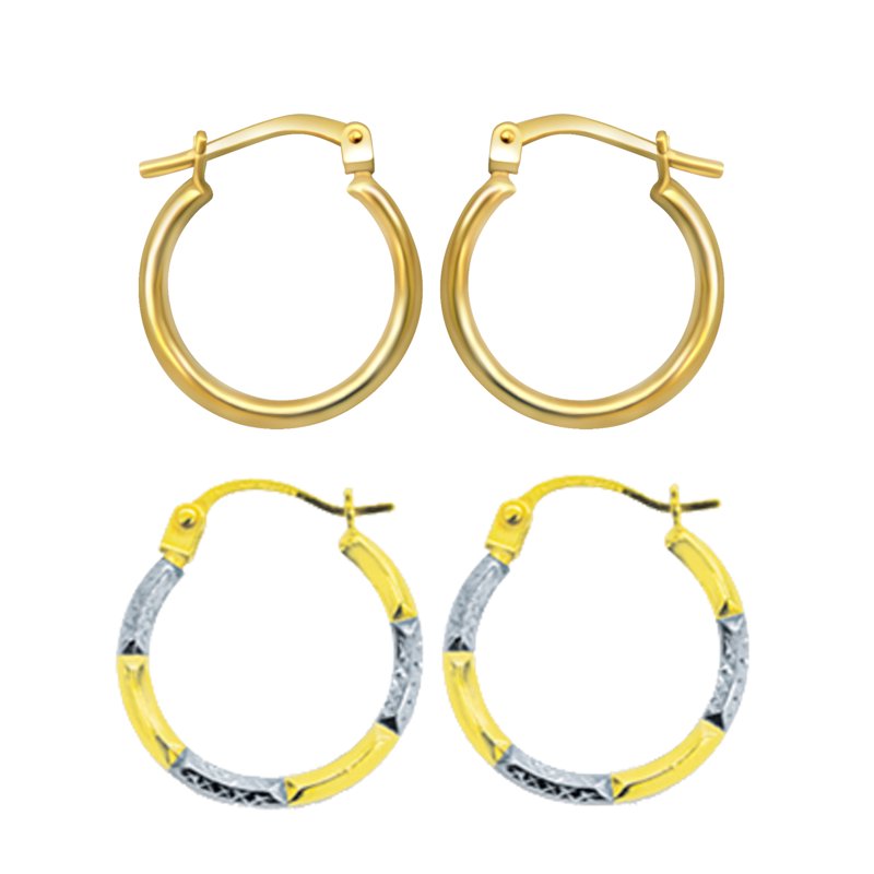 14K Gold Plated Sterling Silver Hoop Earrings Set - 2 Pairs, Diamond Cut, Hypoallergenic