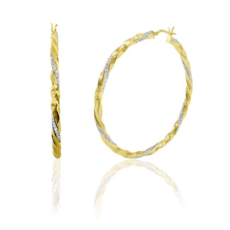 14K Gold Plated Sterling Silver Hoop Earrings with Crystals - Twisted Round Big Hoops for Women