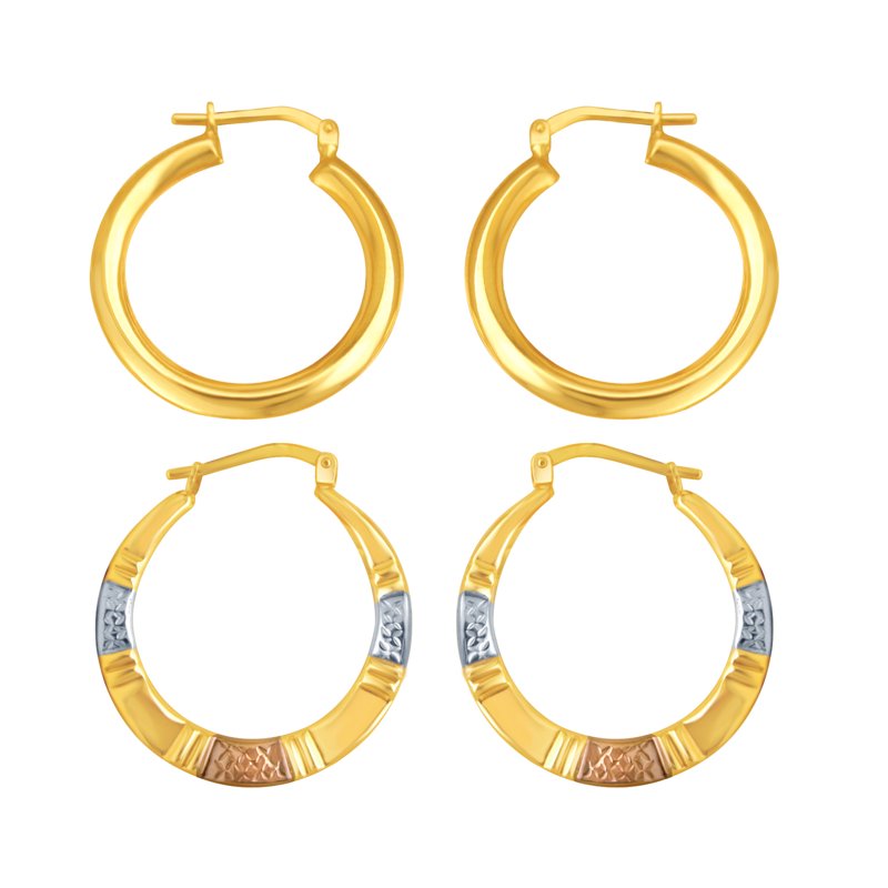 14K Gold Plated Sterling Silver Hoop Earrings Set - Yellow & Tri Color, 2 Pairs