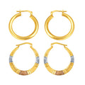 14K Gold Plated Sterling Silver Hoop Earrings Set - Yellow & Tri Color, 2 Pairs