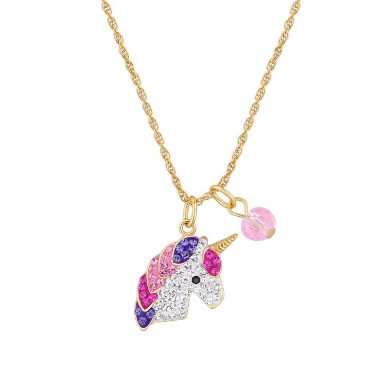 Unicorn Pendant Necklace in 14K Gold Plated Sterling Silver with Multi-Color Crystals