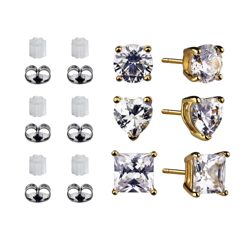 Multi Shape Simulated Diamond Earring Set in 14K Gold Plated Sterling Silver - 3 Pairs