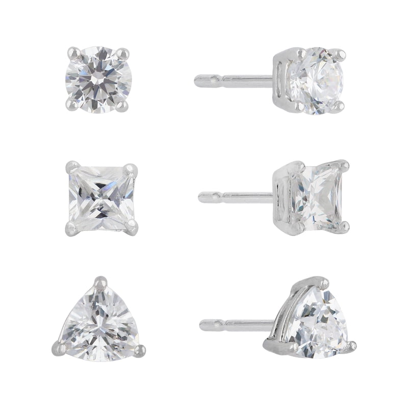Multi Shape Simulated Diamond Earrings Set in Sterling Silver - 3 Pairs Jewelry Collection