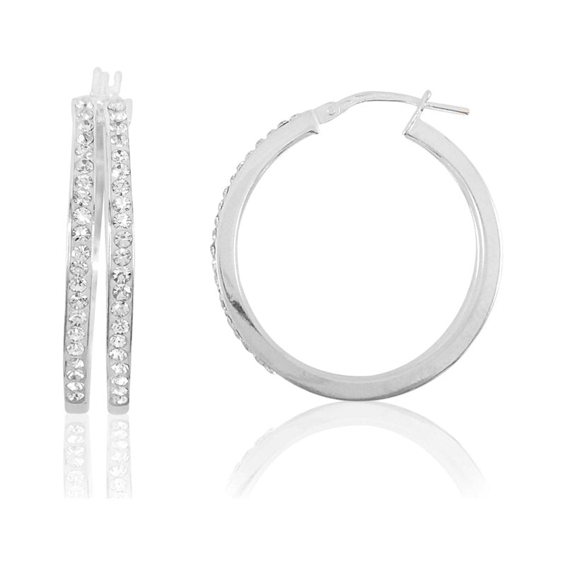 Rhodium Plated Sterling Silver Hoop Earrings with Crystals - 2 Row Classic Design
