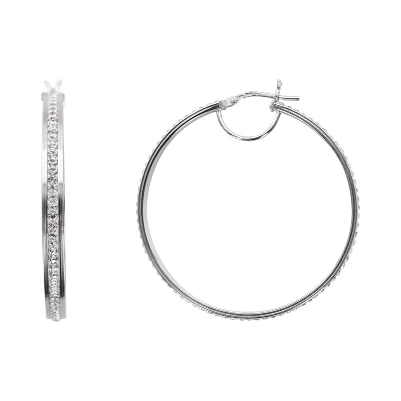 Sterling Silver Hoop Earrings with Crystals - Rhodium Plated Women's Jewelry