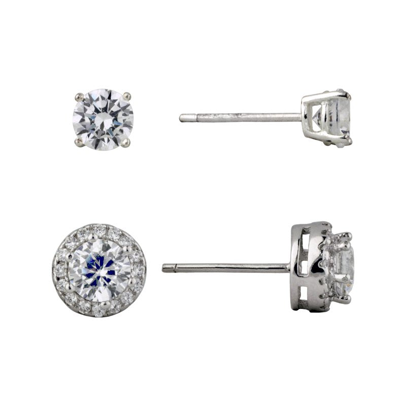 Sterling Silver Simulated Diamond Earring Set with Halo and Studs