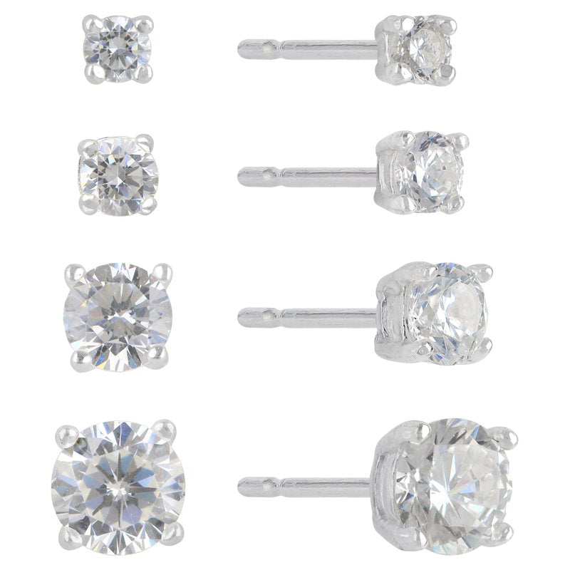 Sterling Silver Simulated Diamond Earrings Set - 4 Pairs Round Studs for Women