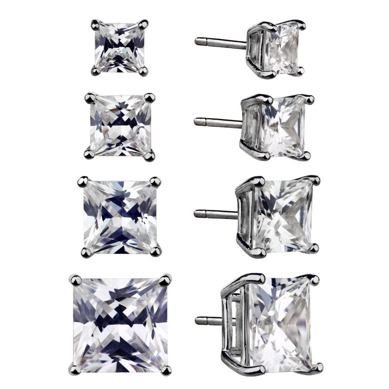 Sterling Silver Square Earring Set with Simulated Diamonds - 4 Pairs