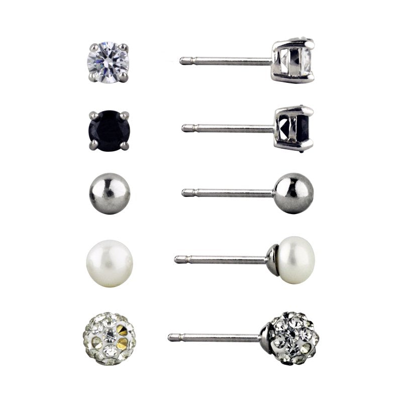 Simulated Diamond Earrings Set - Multi Stone Sterling Silver 5 Pairs
