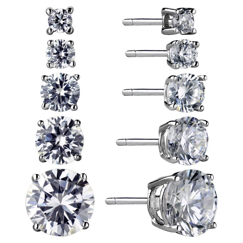 Sterling Silver Simulated Diamond Stud Earrings 5 Pairs - Women's Jewelry Set