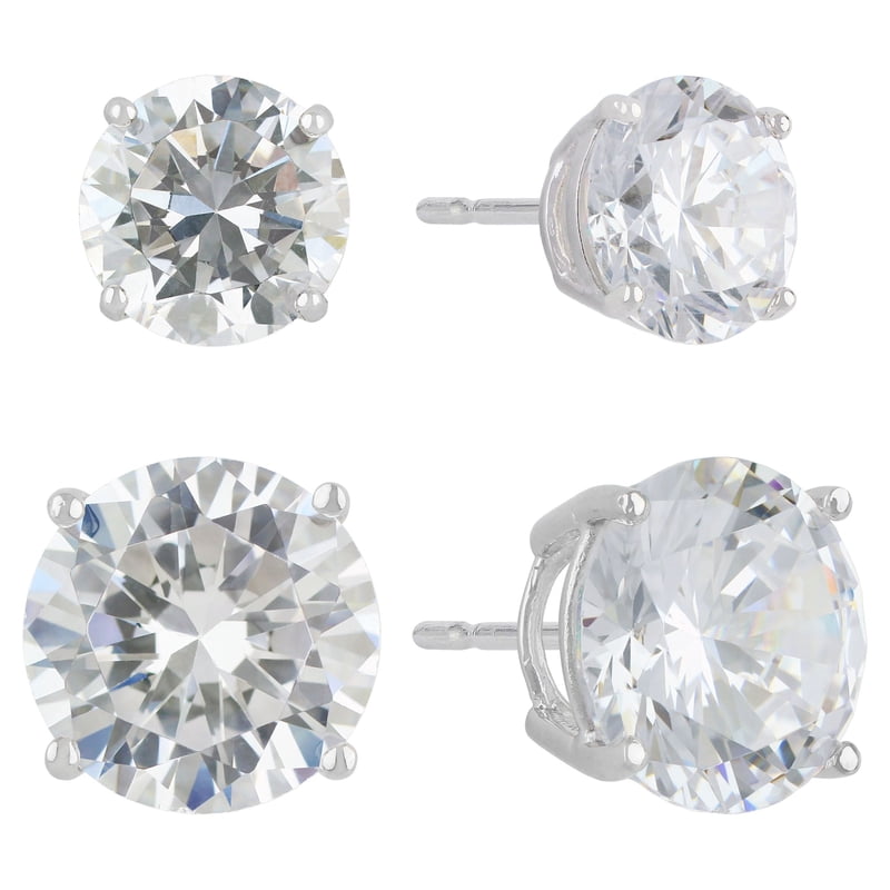Simulated Diamond Earring Set for Women - Sterling Silver Duo 8mm & 10mm Studs
