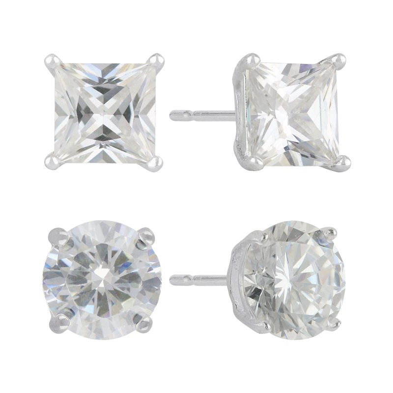 Sterling Silver Simulated Diamond Earring Set - Round & Square Studs for Women
