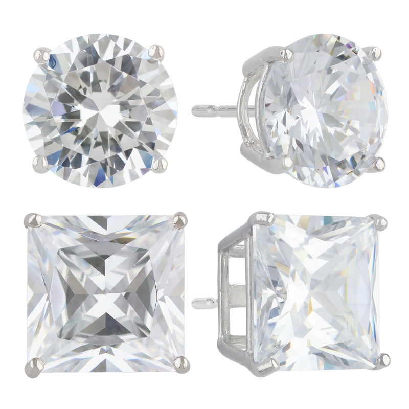 Sterling Silver Simulated Diamond Earring Set - Round & Square Studs, 10mm