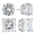 Sterling Silver Simulated Diamond Earring Set - Round & Square Studs, 10mm