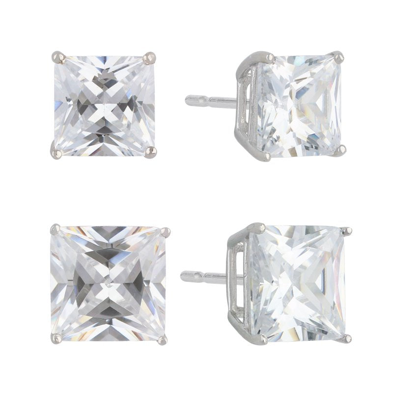 Simulated Diamond Square Earring Set in Sterling Silver - 2 Pairs Jewelry for Women