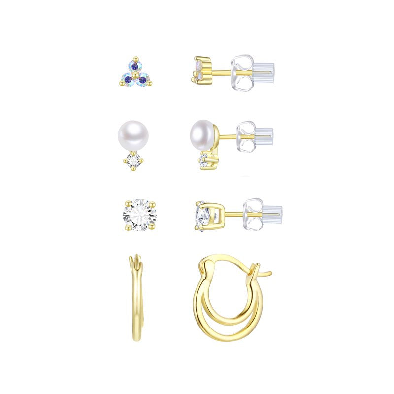 Simulated Diamond & Pearl Earring Set with Double Hoop in 14K Gold Plated Silver