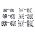 Sterling Silver Simulated Diamond Earring Set - Round & Square Studs, Multiple Sizes