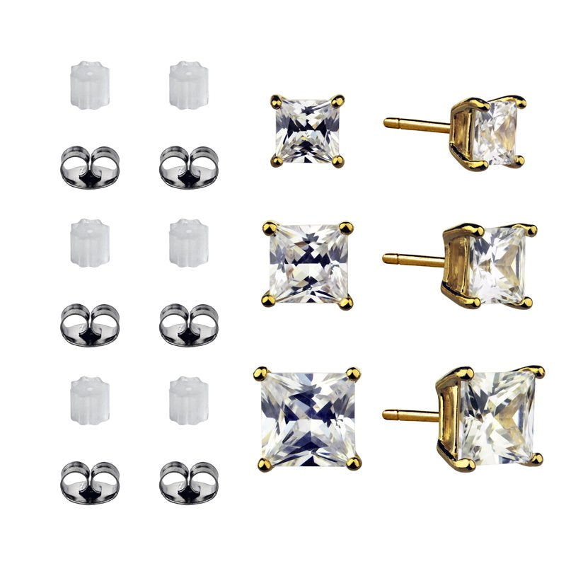 Simulated Diamond Earring Set - 14K Gold Plated Sterling Silver, Multiple Sizes