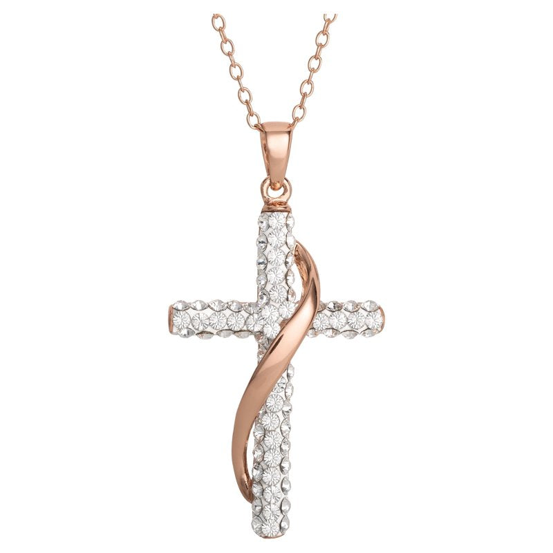 Sterling Silver Gold Plated Cross Pendant Necklace with Crystals - 18 Inch Chain