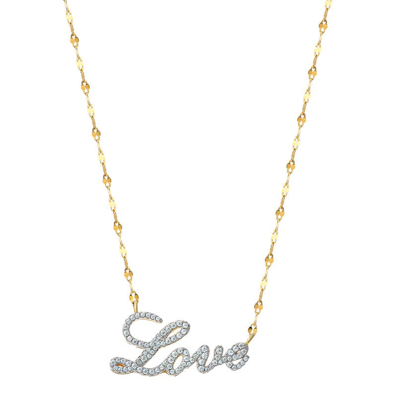 Sterling Silver 14K Gold Plated Love Necklace with Diamonds - 18 Inch Chain