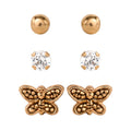 Women’s 14K Gold CZ, Ball & Butterfly Stud Earring Set - Hypoallergenic