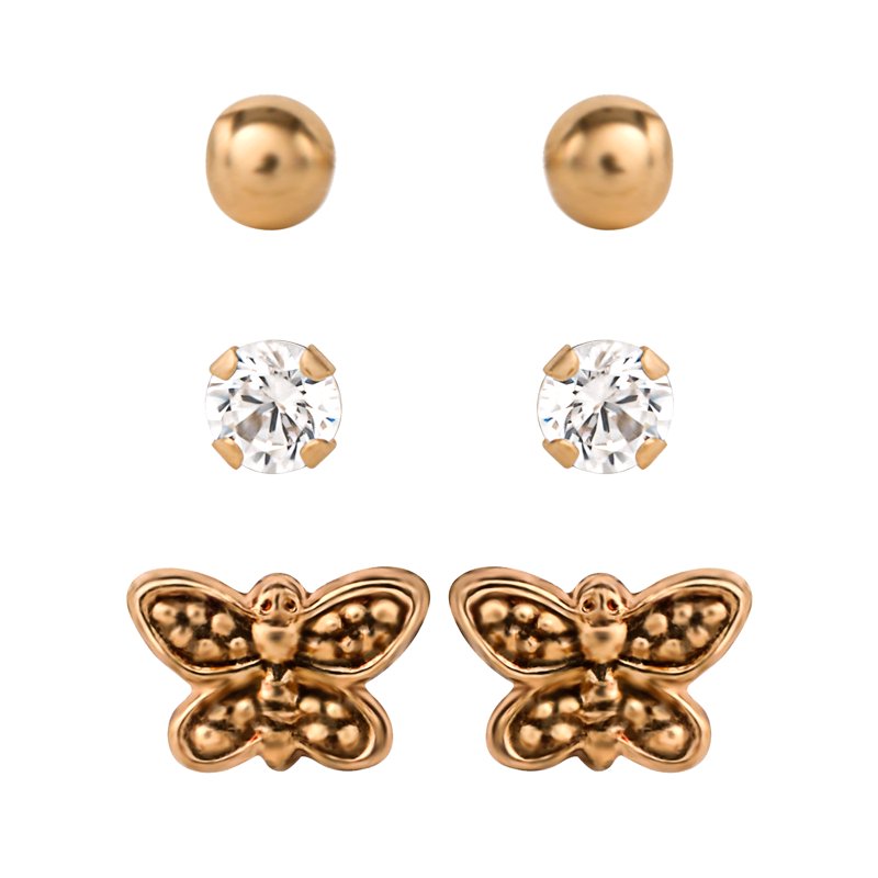 Women’s 14K Gold CZ, Ball & Butterfly Stud Earring Set - Hypoallergenic