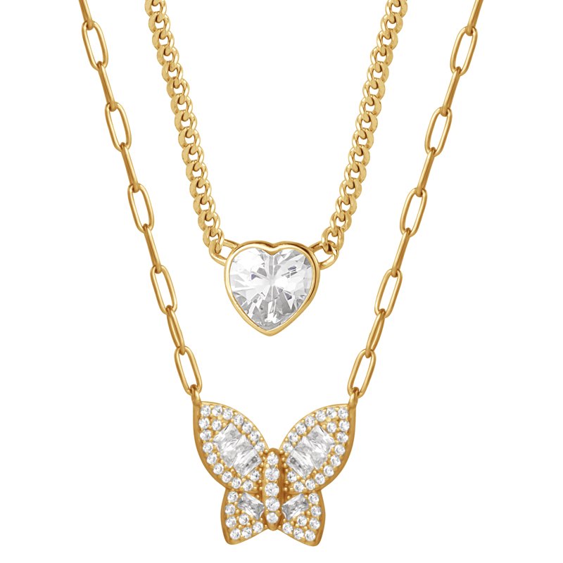 Women's Gold Plated Sterling Silver Heart & Butterfly Necklace Set - 18 Inch