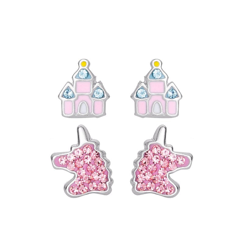 Sterling Silver Unicorn & Castle Earring Set for Women - Fantasy Jewelry Gift