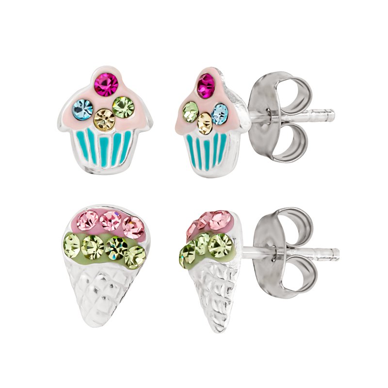 Kids Sterling Silver Crystal Cupcake & Snow-Cone Stud Earrings Set - Hypoallergenic Jewelry for Girls