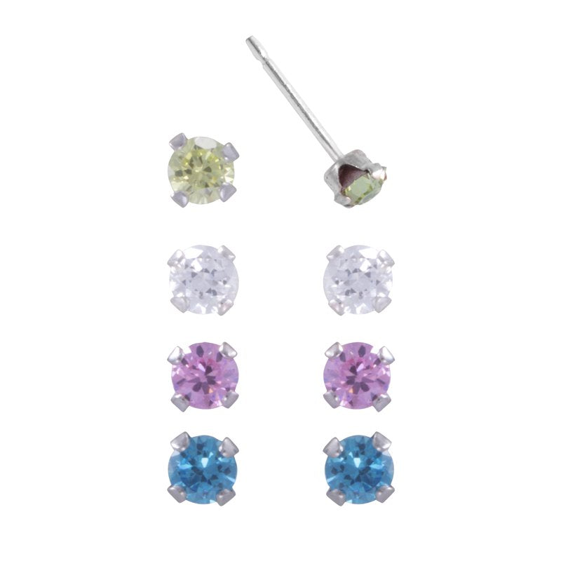 Sterling Silver Cubic Zirconia Stud Earrings Set - 4 Pairs, Multiple Sizes