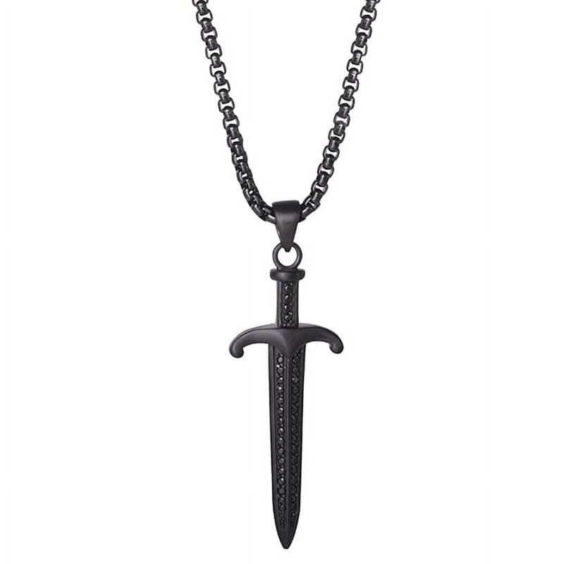 Women's Black Plated Stainless Steel Dagger Pendant Necklace 22 Inch Chain