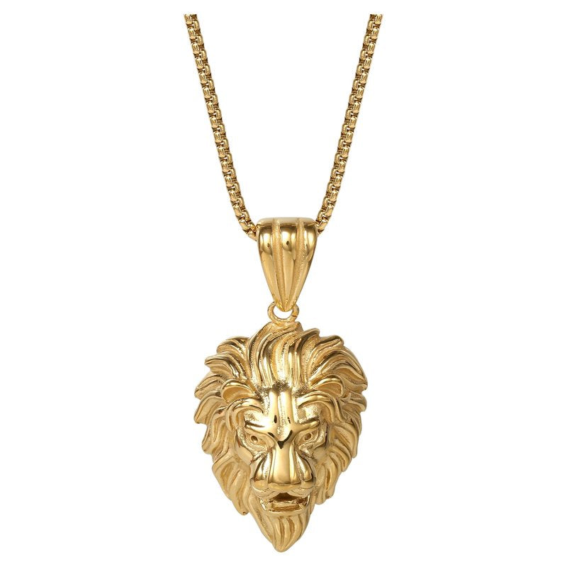 Men's Stainless Steel Yellow Gold Plated Lion Pendant Necklace 22 Inch Chain
