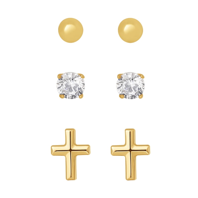 Sterling Silver Gold-Plated Cross & Ball Earrings with Cubic Zirconia for Women