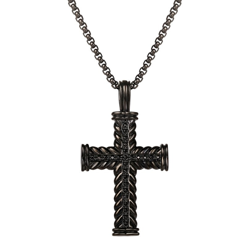 Women’s Black Plated CZ Cross Pendant Necklace - 22 Inch Stainless Steel