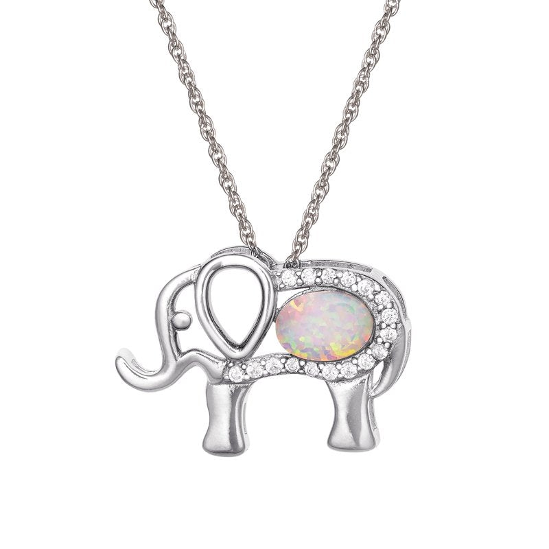 Sterling Silver Elephant Pendant with Cubic Zirconia & Opal - 18-Inch Chain