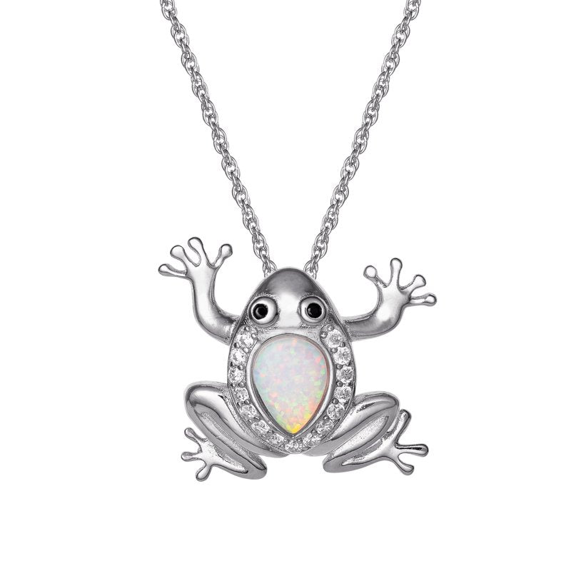 Women’s Sterling Silver Frog Pendant Necklace with Cubic Zirconia and Opal, 18-Inch Chain