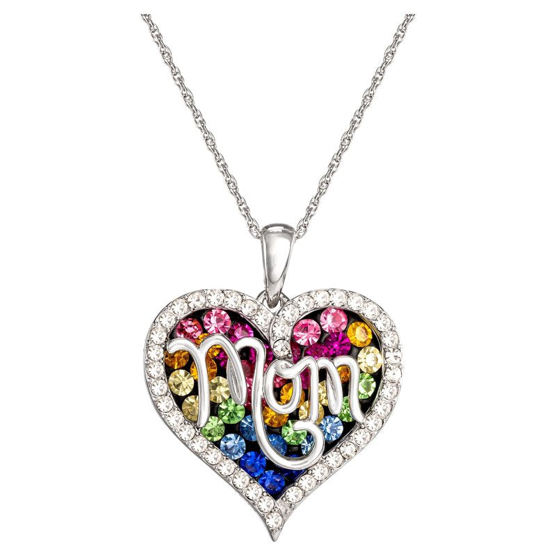 Sterling Silver Multi-Color Crystal Heart Pendant Necklace - 18" Chain for Mom