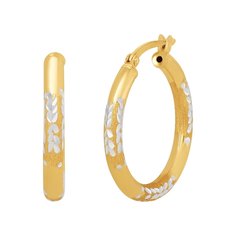 Sterling Silver Two-Tone Hoop Earrings with Diamond-Cut Finish for Women