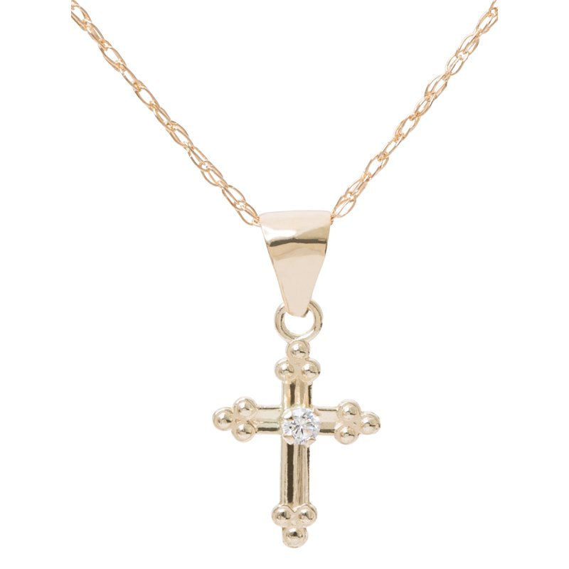 Girls Tween Gold Cross Pendant Necklace 14K Yellow Gold CZ 18 Inch Chain