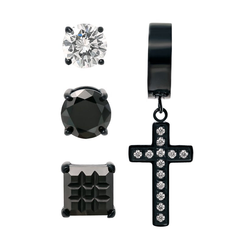 Black Plated CZ Singlet Earring Set - Stainless Steel Jewelry for Women
